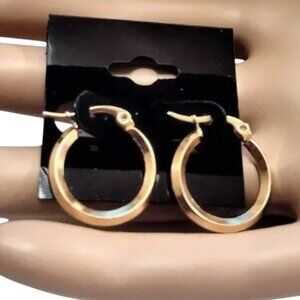 1 Inch 25mm Bevel Edge Hoop Pierced Post Earrings Gold Tone 3mm Band